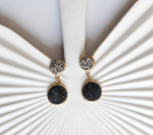 Allegra- 2 Round Druzy Gemstone Studs Dangle Earrings