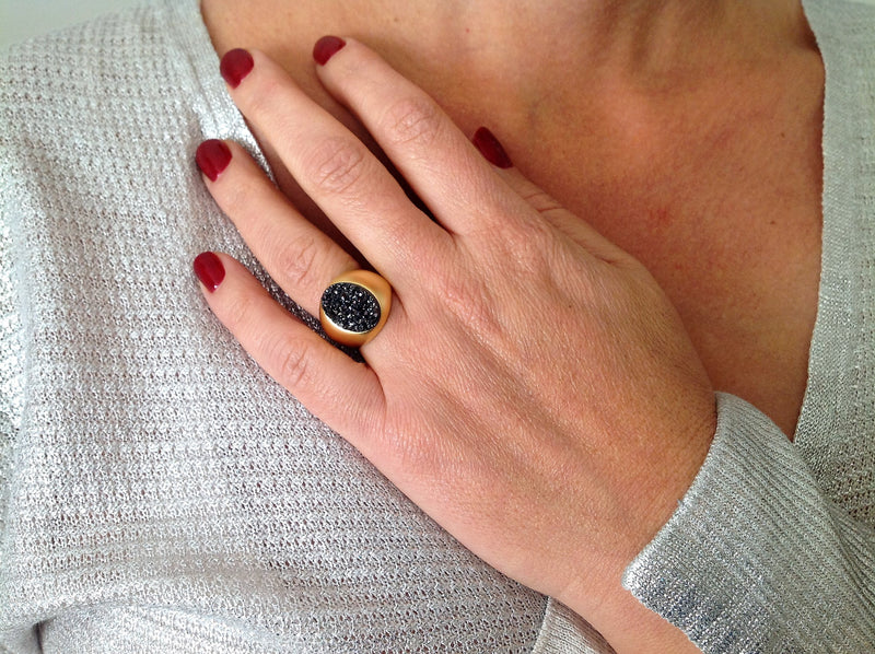 Serena- Oval Signet Druzy/ Onyx Gemstone Statement Ring