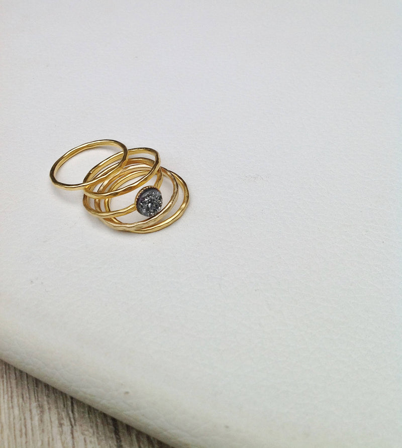 Valentina- 5 Stacking Golden Rings With Druzy Stone