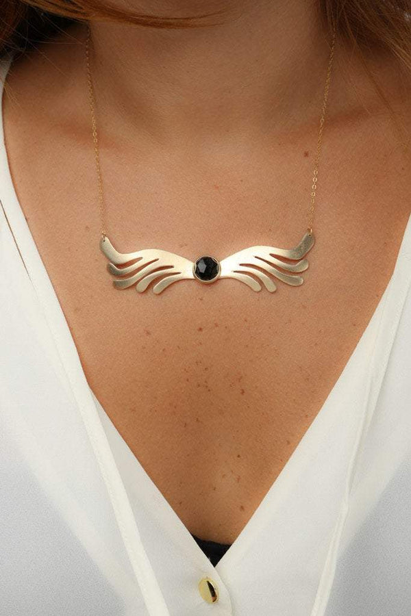 Miles- Art-Deco Wing Shaped Long Charm Black Onyx Necklace